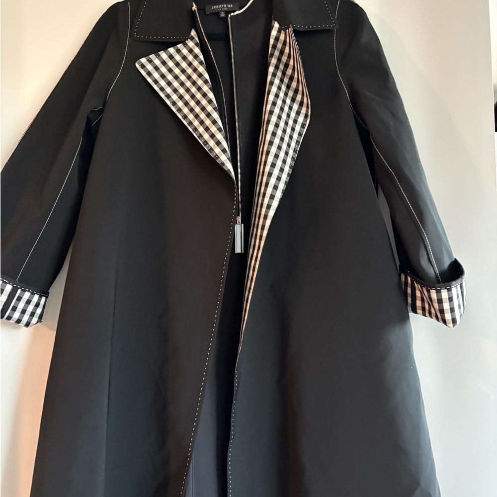 Lanvin Black Trench Coat with Gingham Trim